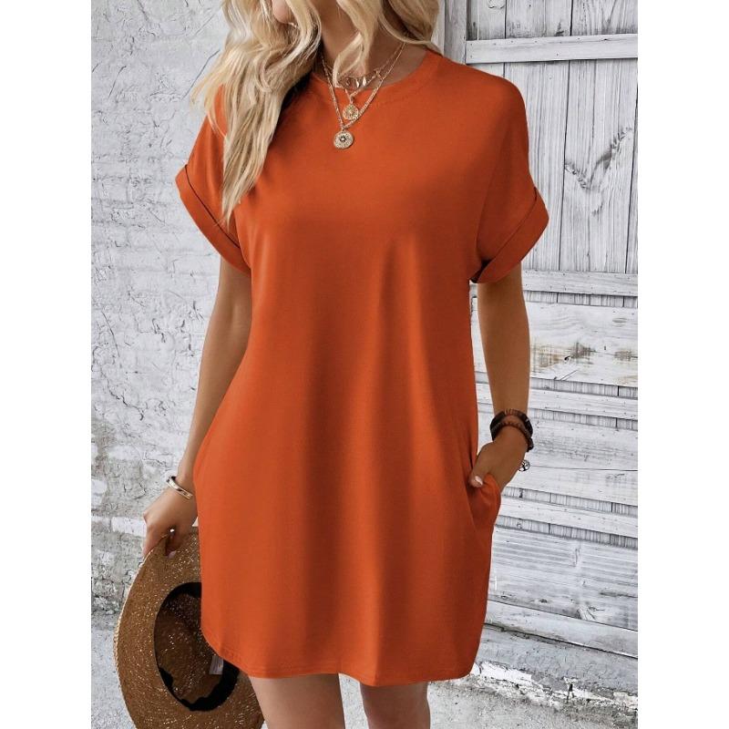 IHUASU Spring Summer Solid Color Round Neck Loose Short Sleeve Pocket Dress