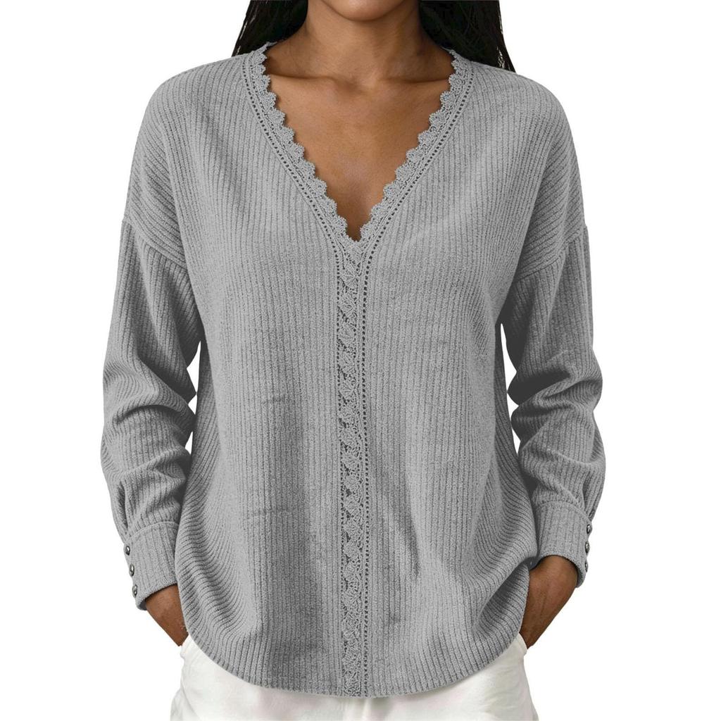 Women's Fashion Color Lace V-Neck Long Sleeve Loose Fit Blouse