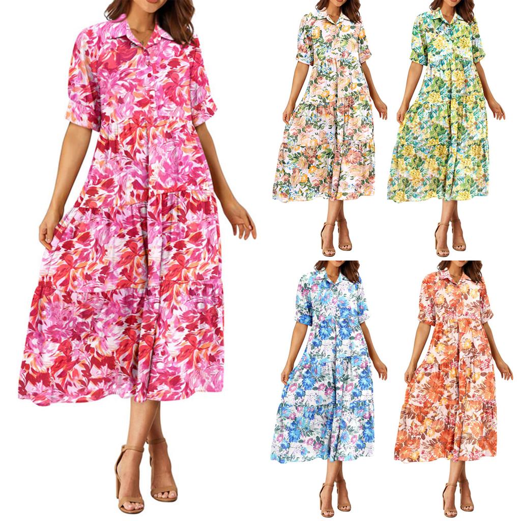 Women's Short Sleeve Floral Print Button Dress - Long Length with Collar and Pockets Smocked for Summer