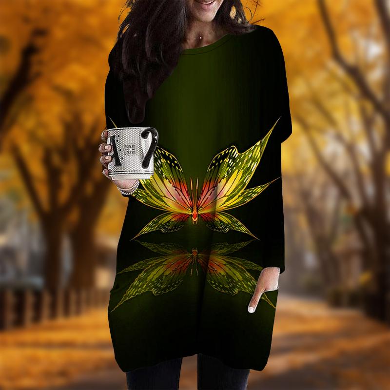 

Новинка осени с принтом гигантской бабочки большого размера женское платье с круглым вырезом и длинными рукавами повседневные платья с карманами 3XL жёлтый