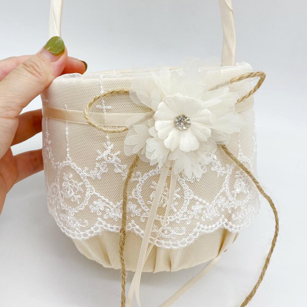 Flower Girl Basket and Ring Bearer Pillow Set with Lace Decor Wedding Ring Pillow Champagne