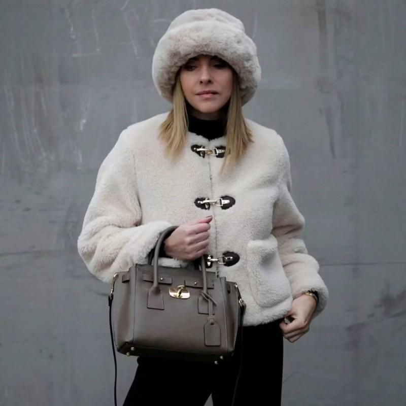 Womens Short Wool Blend Coat With Faux Fur Lining Round Neck Loose Fit Warm Outerwear Winter