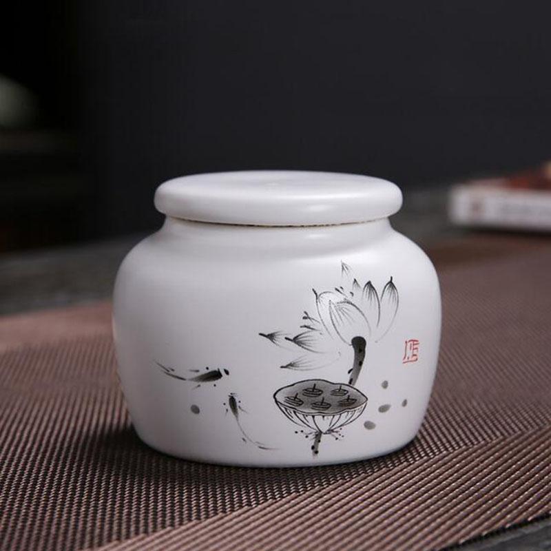 Porcelain White Color Chinese Style Lotus Pattern Sealed Storage Tea Jar Travel Easy to Carry Power Spice Tea Box Teaware