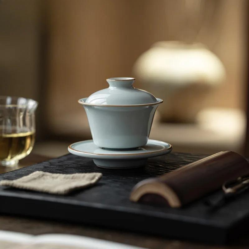80ML High End Azure Ru Kiln Ceramic Gaiwan Elegant Three Talent Hand Grip Tea Tureen Tea Maker Cover Bowl For Tea Ornaments Gift