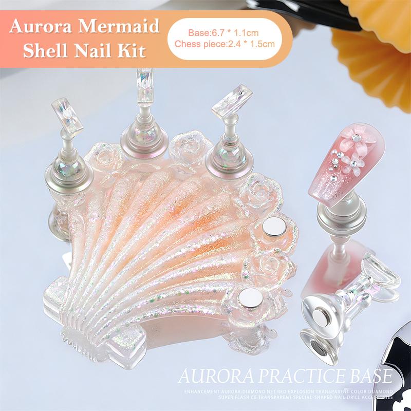 1Set Mermaid Shells Laser Aurora Ice Penetration Magnetic Nail Holder False Tips Practice Stand Nail Art Display Salon Diy Tools