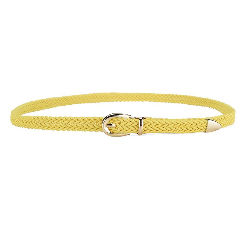 Womens Elegant Slim Woven Belt With Decorative Gold Buckle For Stylish Dress And Shirt Outfit