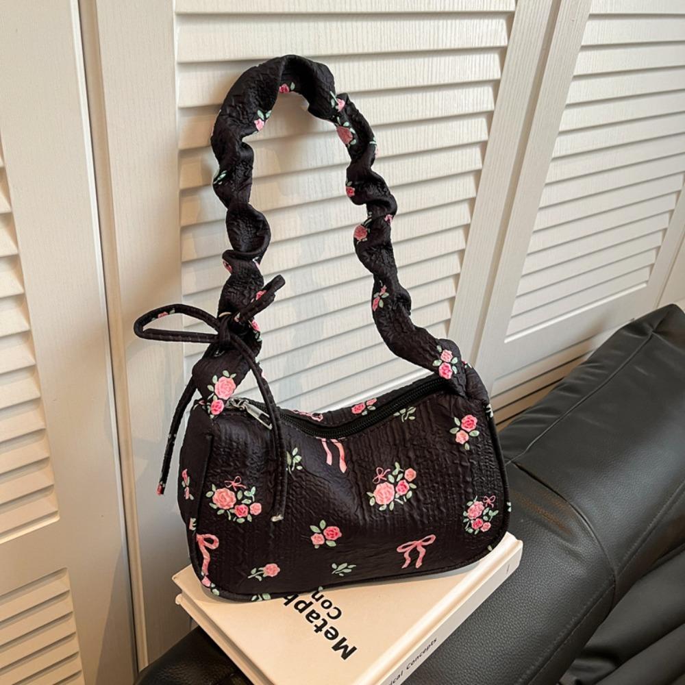 Casual Floral Print Shoulder Bag Pleated Ruffled Handle Bow Armpit Bag Canvas Drawstring Underarm Bag
