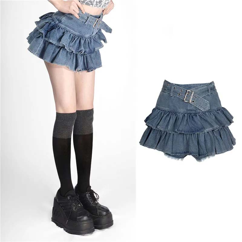 Jeansrock mit doppelter Rüsche und hoher Taille, kurz, blendfrei, dünn, A-Linie, Kuchenrock, Y2K-Mode, süß, sexy, Frühling und Sommer