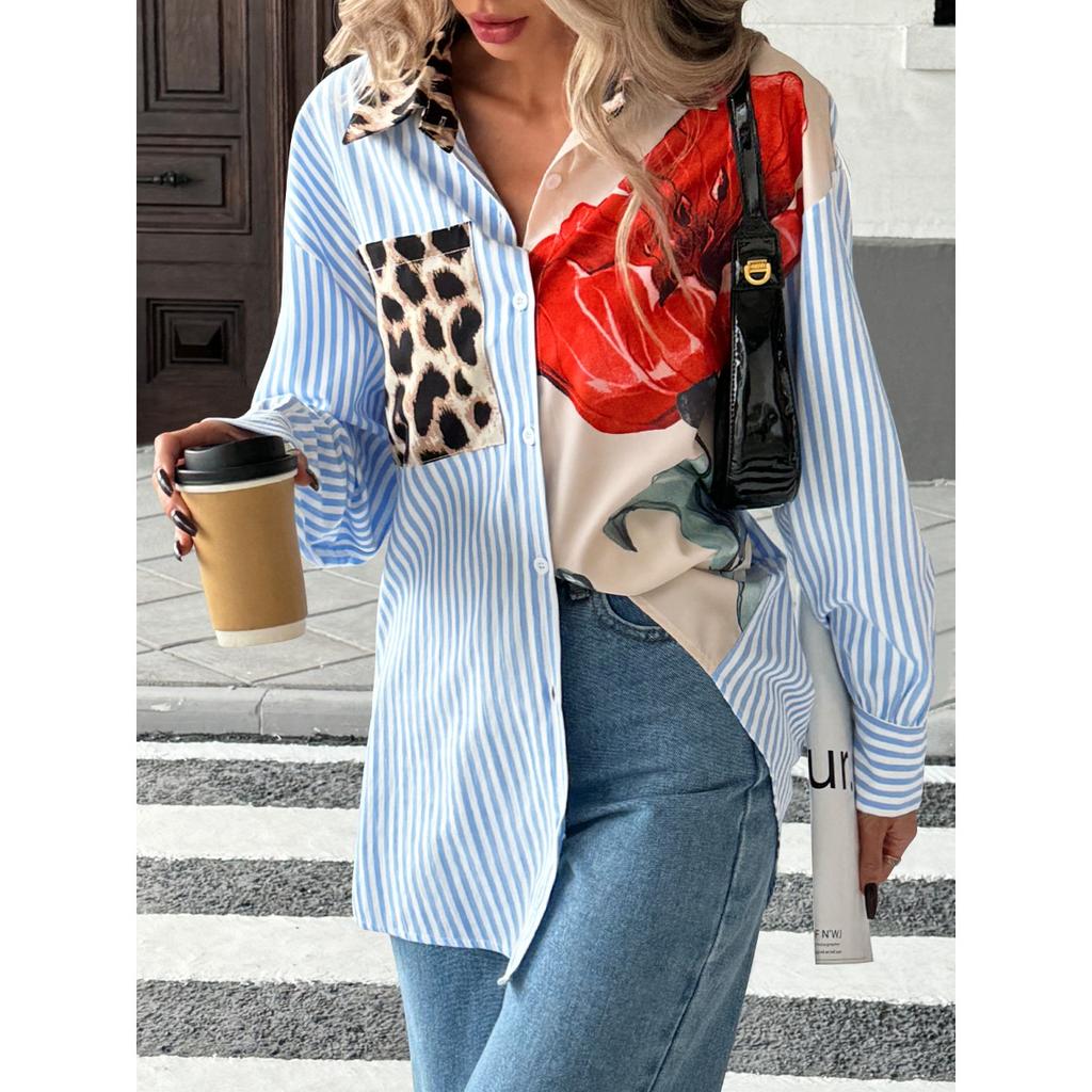 New Fall Women's Striped Patchwork Printed Shirt Casual Vacation Fashion Top