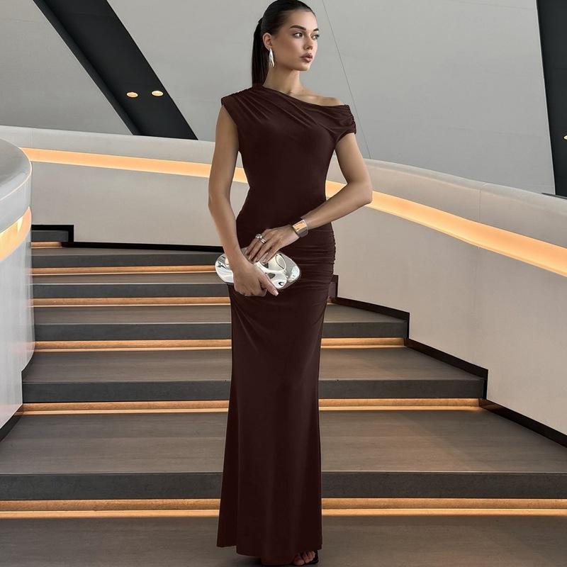 

Off-shoulder 2026 Summer Slant Shoulder Party Evening Long Dress Women Sexy Slim Fit Solid Color Prom Long Dresses New Nightclub Clothing S