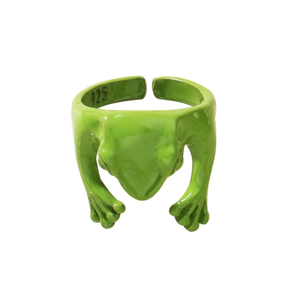 Adjustable Green Frog Shaped Open Ring for Women Funny Statement Jewelry
