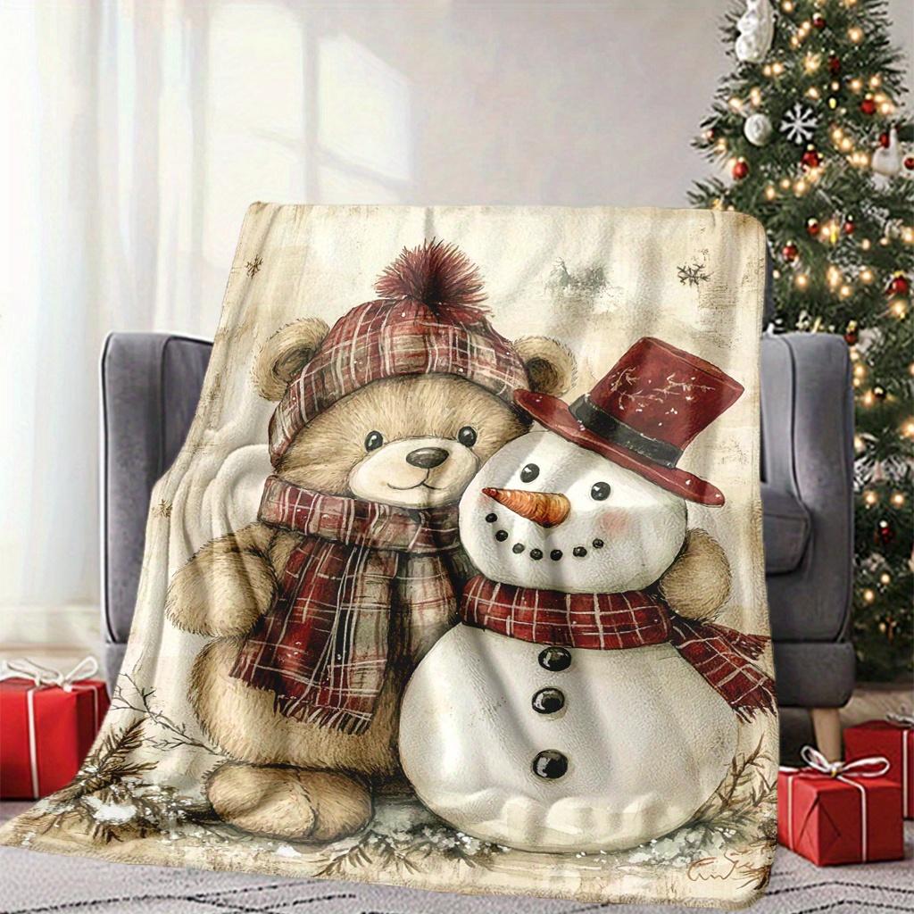 Weihnachtsdecke im Glam-Stil mit Schneemann und Teddybär - Weiches Strickpolyester, Maschinenwaschbar