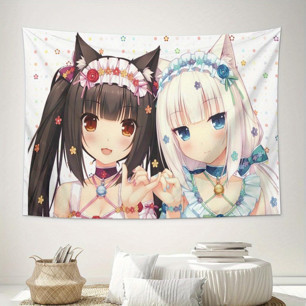 VIKAMA Nekopara Chocola Vanilla Tapestry Anime Cat Ear Girl Wall Hanging for Girls Bedroom Dorm Decor
