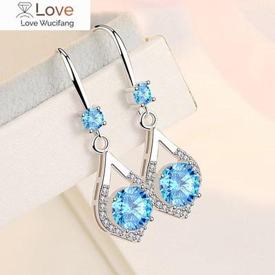 Fashion Ladies Stainless Steel Heart Hypoallergenic Long Crystal Diamond Sapphire Earrings Pendant Bridal Wedding Engagement Jew