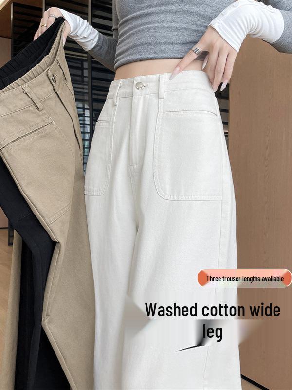 Women's Off-White Washed High-Waist Wide-Leg Jeans - Slimming, Versatile, Straight-Leg Casual Autumn Pants