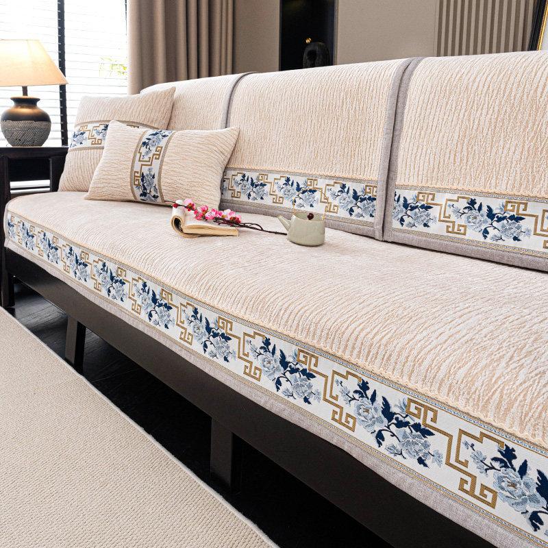 Oriental New Chinese Style Sofa Cushion Cover Chenille Jacquard 4 Season Universal Solid Wood Home Decor Non-Slip Sofa Slipcover