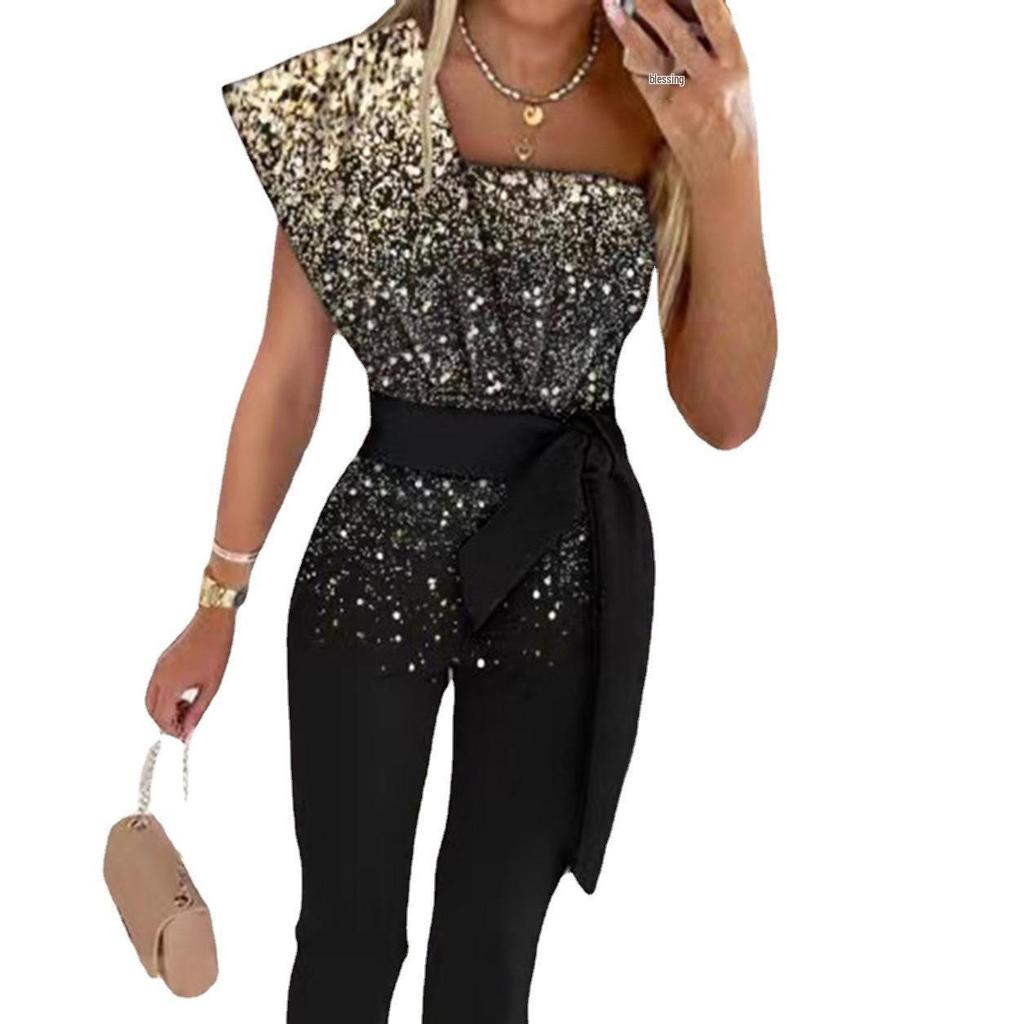 2024 Spring/Summer Sleeveless Sequin Jumpsuit for Women with Belt - European & American Slim Fit