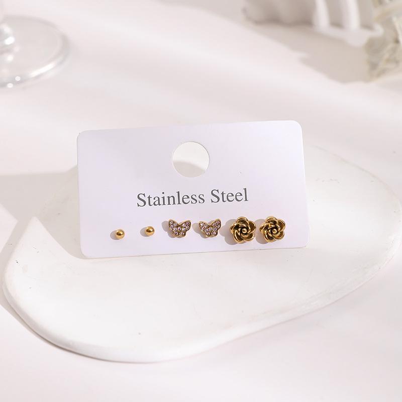 Stainless Steel Stud Earrings Set with Zirconia: Butterfly, Star, Heart & Four-Leaf Clover Designs