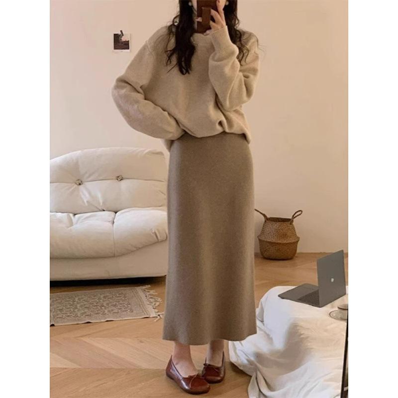 Women's Mid-Length White Cashmere Pencil Skirt with High Waist and Raccoon Fur Knit for Autumn and Winter