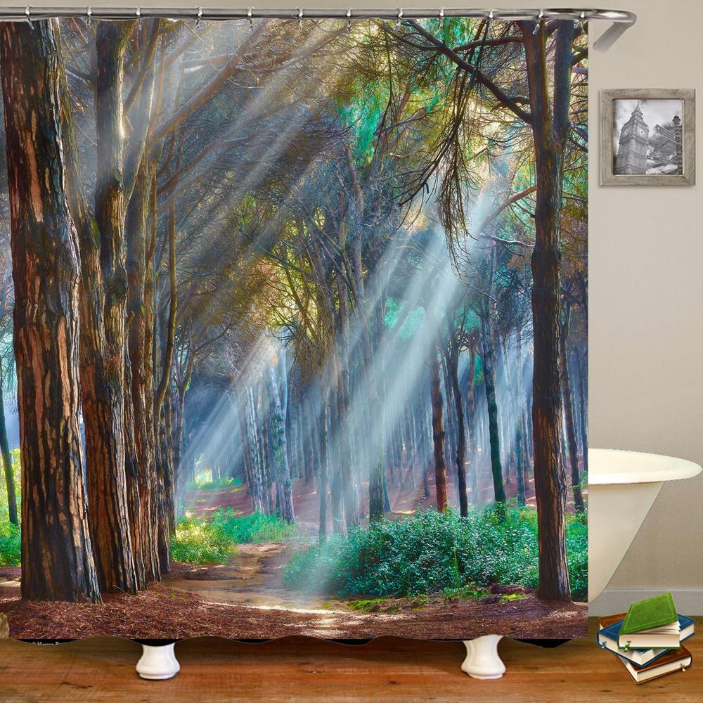 Forest Landscape Shower Curtain Garden 3D Green Plant Tree Natural Scenery Waterproof Polyester Bathroom Curtain Home Decor