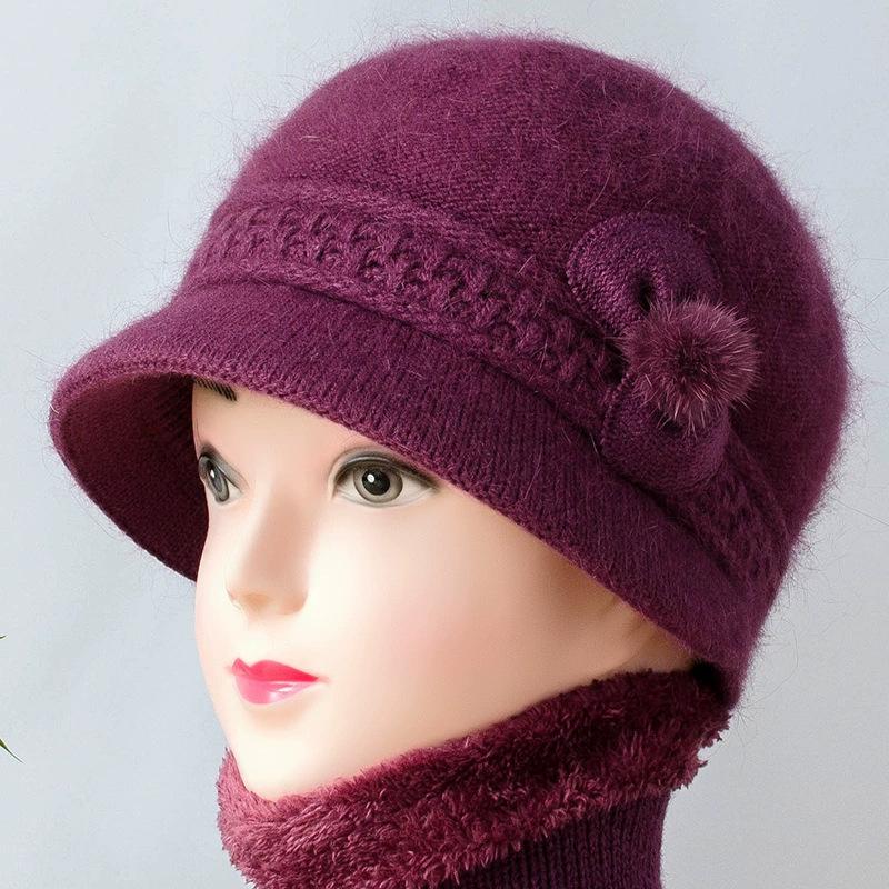 Middle-aged and elderly autumn and winter wool hat, scarf cover, elegant versatile velvet warm squirrel velvet women's knitted hat