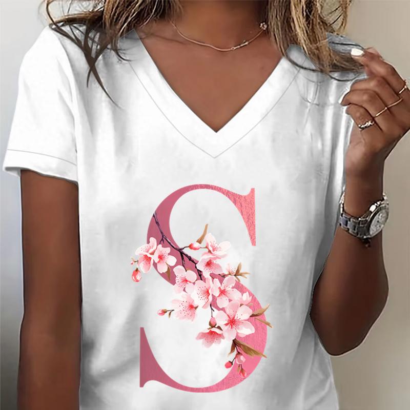 Pink Sakura Alphabet Graphic T Shirts Unisex Az 26 Alphabet Pink Flower Cartoon Tshirts Cherry Blossom Letters C Casual Tops