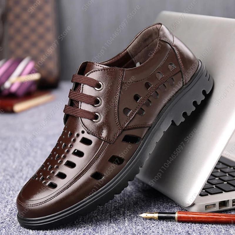 

Fashion Summer Men s Sandals Breathable Hollow Out Men Casual Shoes Luxury Lace-up Leather Shoes Outdoor Comfor Men sandalias 2025 New 38 коричневый