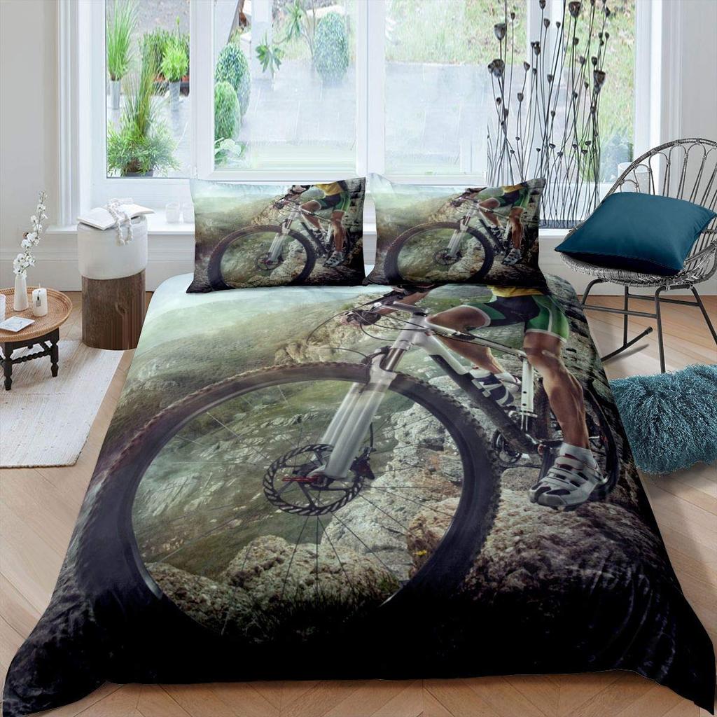 Bicycle Duvet Cover Set Motocross Racer Bedding Set King Size Mountain Bike Comforter Cover Extreme Speed Sports Bedspread Cover