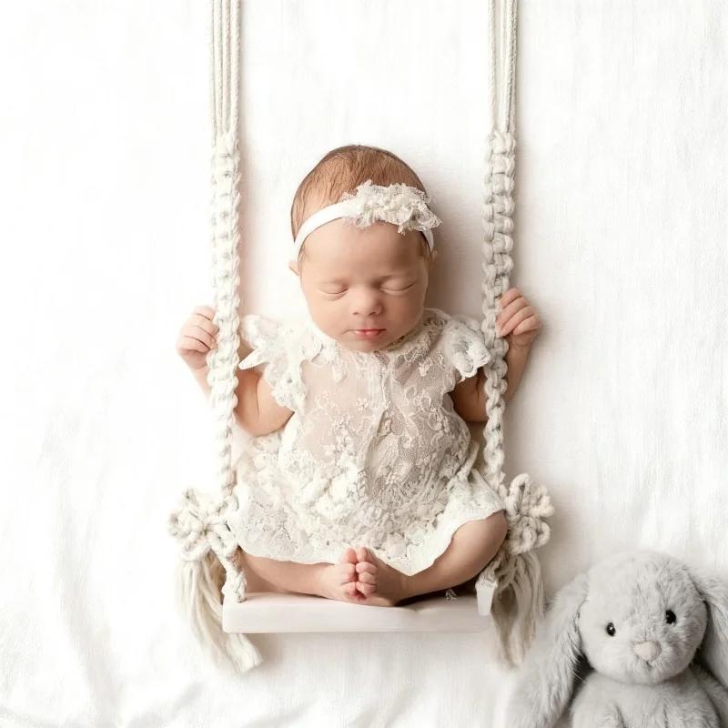 Vintage Wooden Macrame Swing Newborn Photography Prop Soft Photo Shooting Chair Babies Infants Essential Fotografia Accessories
