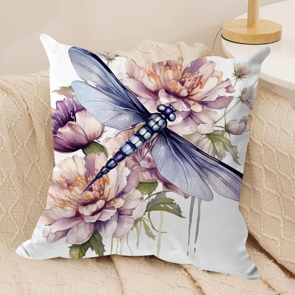 Watercolor Dragonfly and flower Cushion Cover Short plush Doublesided Print Square Throw Pillow Covers Sofa Home Cushion Decor