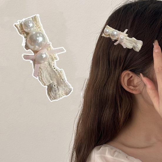 Girl Hairpin Mini Pink Bow Imitation Pearls Decor Soft Lace Hair Clip