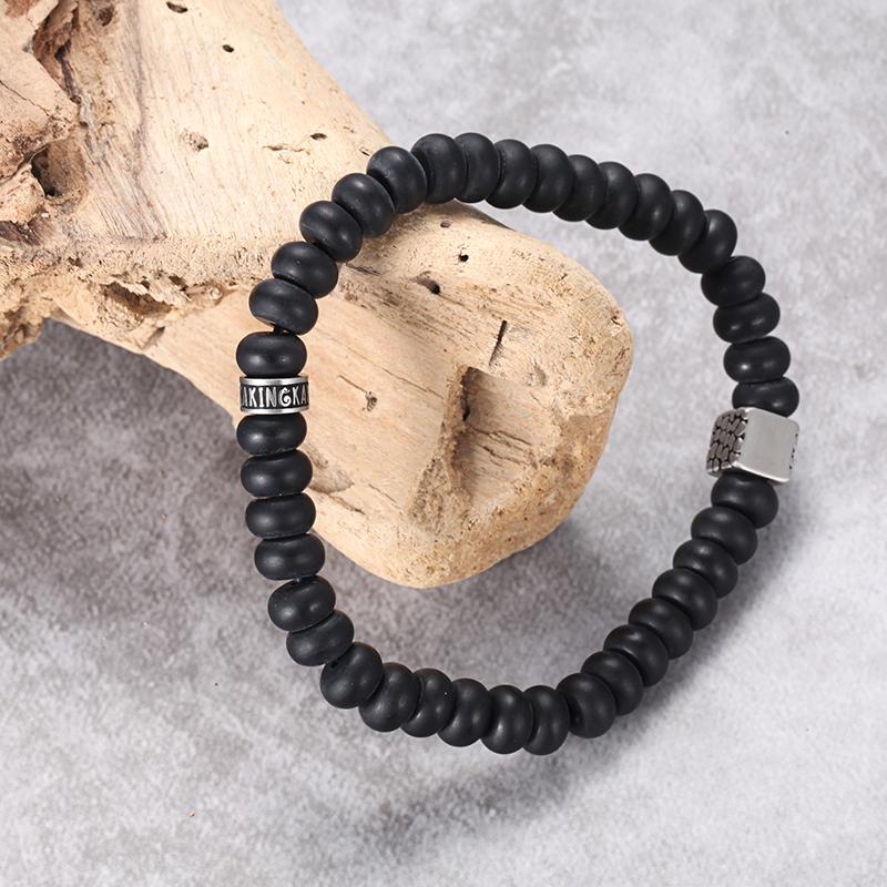 REPTILE AGATE STONE BRACELET matt black onyx bracelet in 8mm abacus shape with stainless steel reptile cube design element