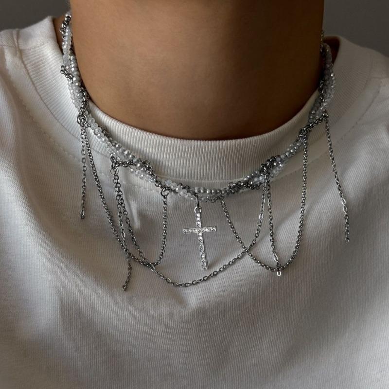 Hot-selling tassel diamond cross pendant necklace female niche hip-hop design sense multi-layer winding collarbone chain