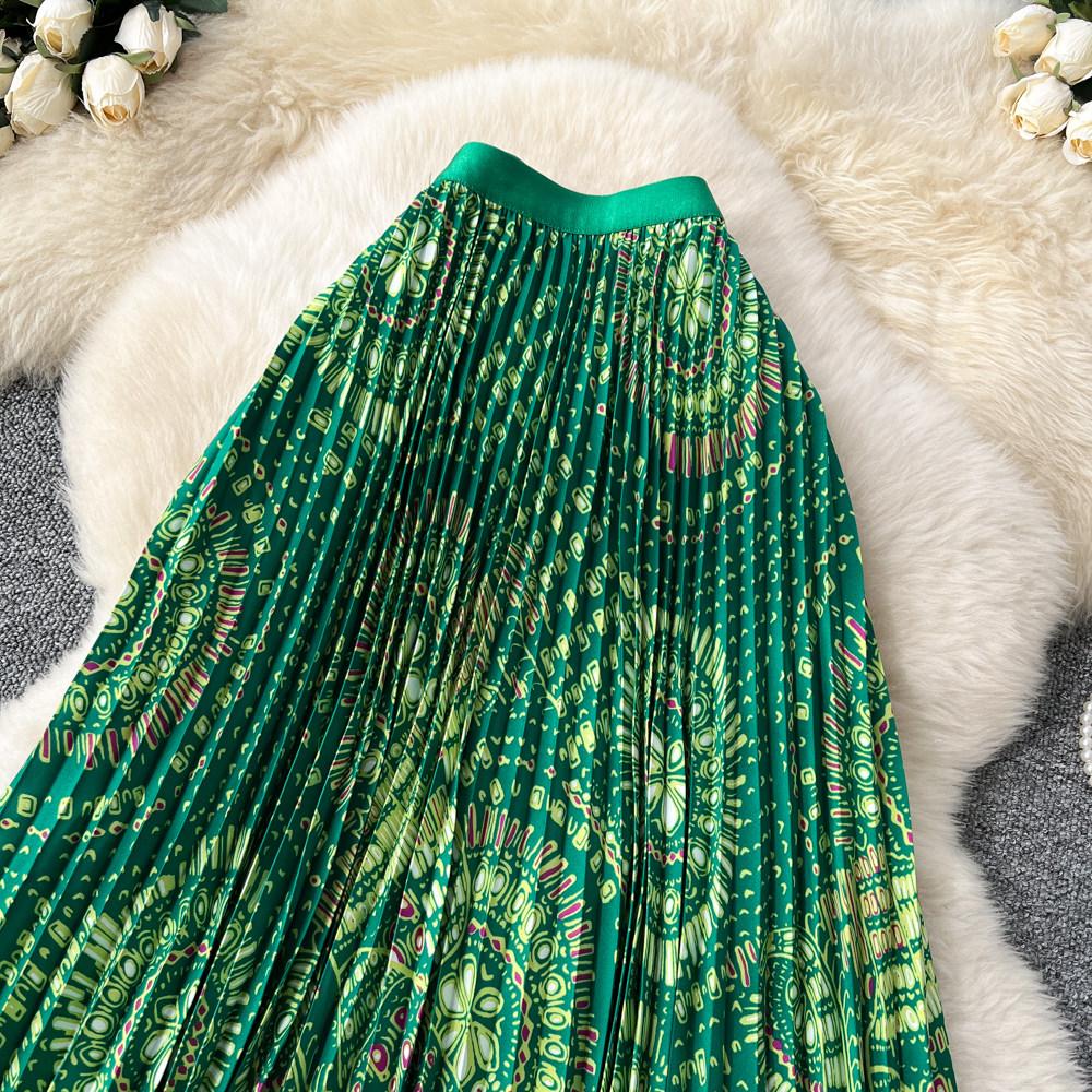 Spring Summer Women Elegant Print Elastic Waist Long Maxi Holiday Beach Pleated Skirt Only Have One Size