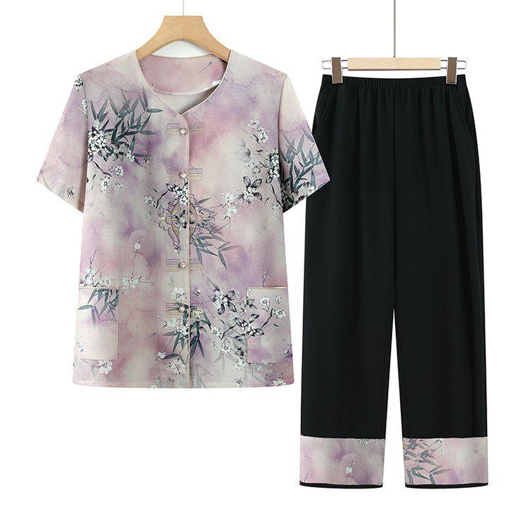 

Summer Suit Set for Women: Short-Sleeved Ice Silk Shirt for Middle-Aged & Elderly Ladies 5XL (145-160 jin) фіолетовий