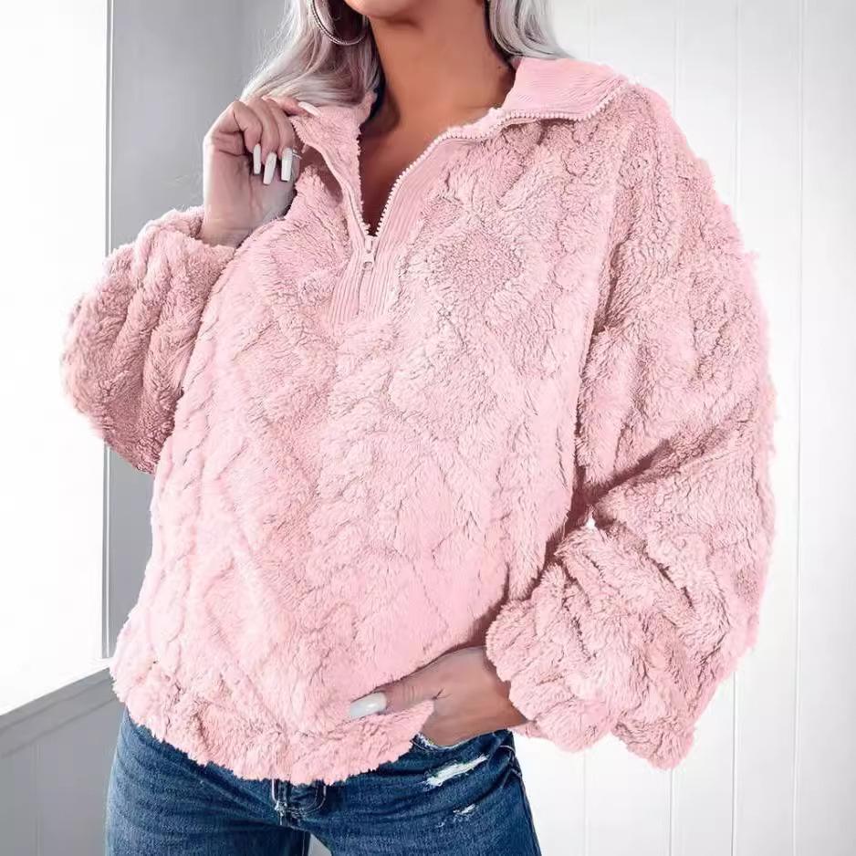 Women S Solid Color Half Zip Stand Collar Loose Fleece Pullover Sweatshirt S