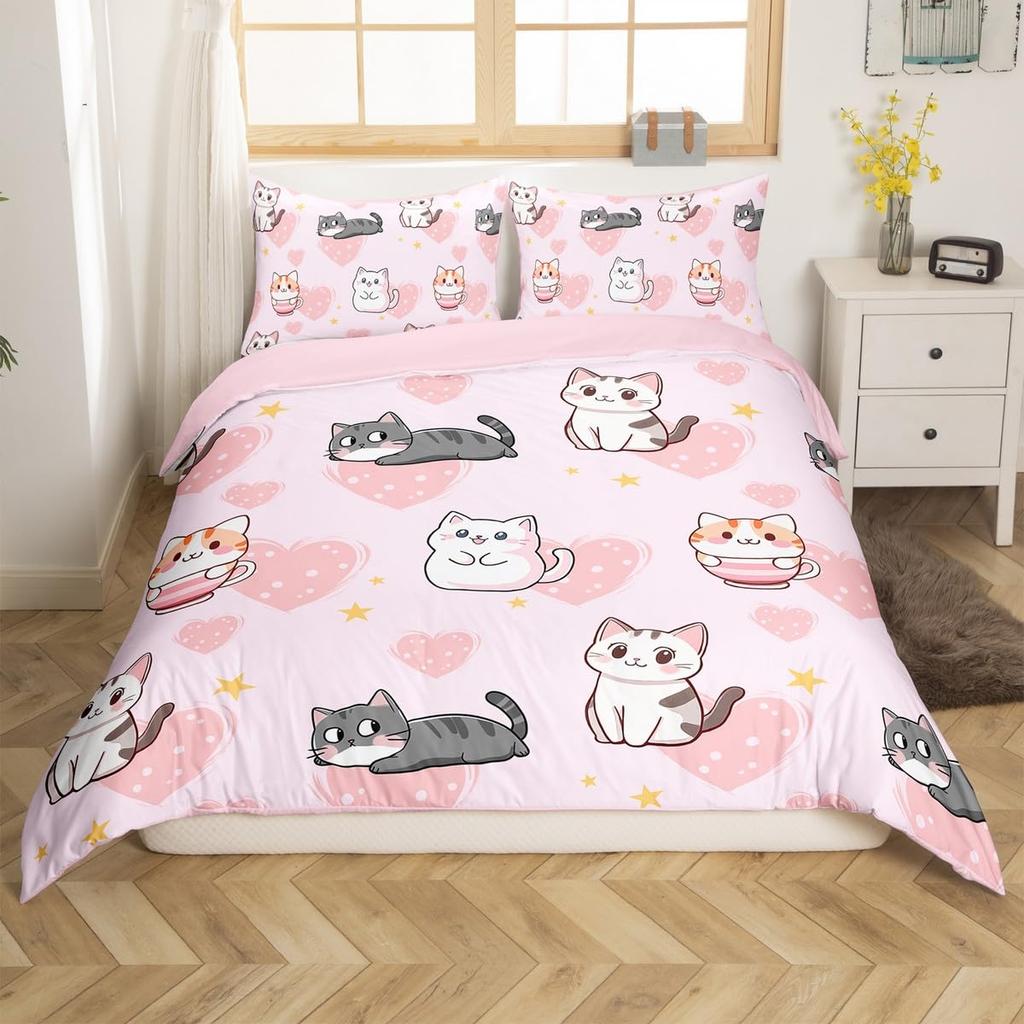 Puppy Dog Duvet Cover Queen King,Cartoon Animal Bedding Set For Kids Boys Girl,Microfiber Watercolor Pink Love Heart Quilt Cover
