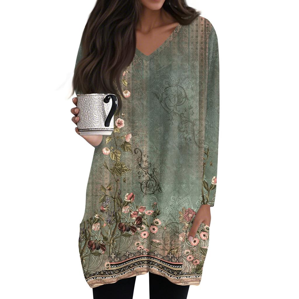 Damen Oberteile V-Ausschnitt Langarm Blusen Lässige Mittellange Hemden Mode Druck Tunika Oberteile Mit Taschen