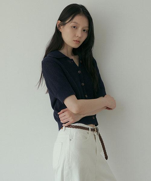Lingseoul Open Collar Cotton Knit-Navy