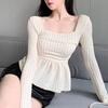 Square Collar Waist Cinched Flared Sleeve Top Short Design with Knitted Base Underneath