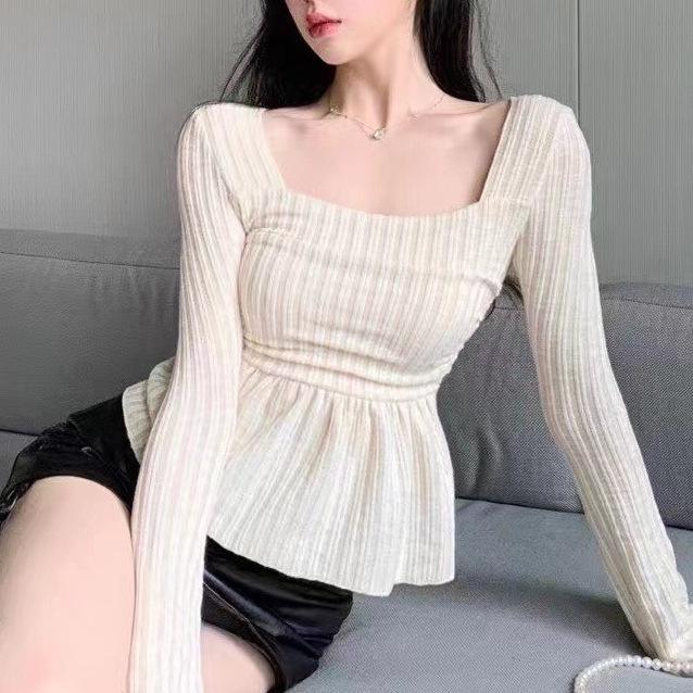 Square Collar Waist Cinched Flared Sleeve Top Short Design with Knitted Base Underneath