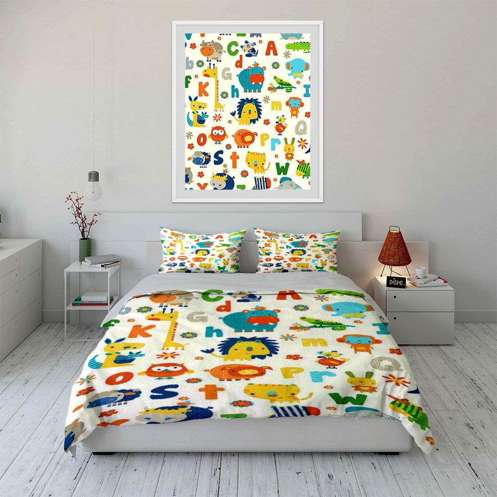 Ensemble 3 Pièces Housse de Couette Alphabet ABC Animaux de la Jungle pour Bambin Éducatif Chambre d'Enfant Simple Double King Queen Cadeau