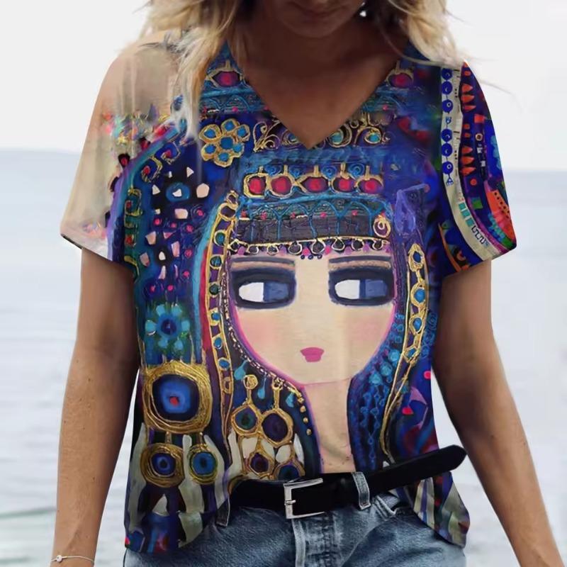 Summer Cartoon T Shirt Women Gilr Graphic 3D Print V-Neck Short Sleeve Pullover Outdoor Casual Y2k Clothing Female T-Shirts
