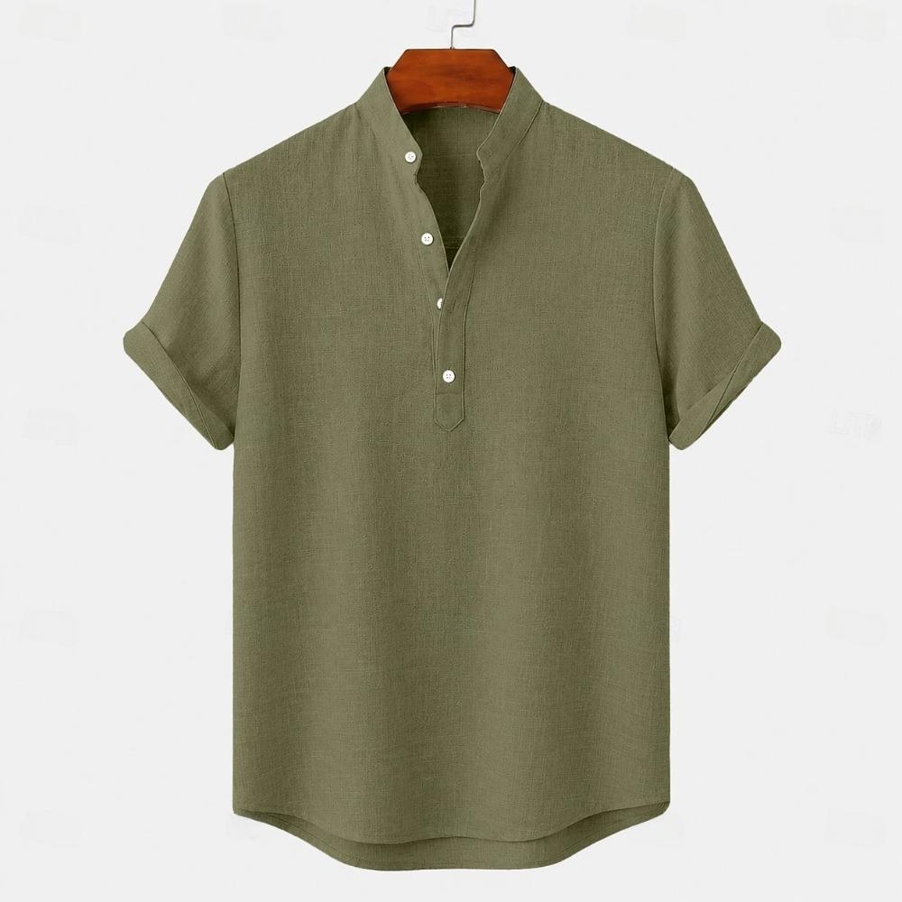 Men's Linen Shirts Short Sleeve Button Up Neck Stand Collar Casual Summer Home Daily Shirts