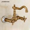 Retro French Copper Wall-Mounted Double Handle Faucet for Kitchen and Balcony.