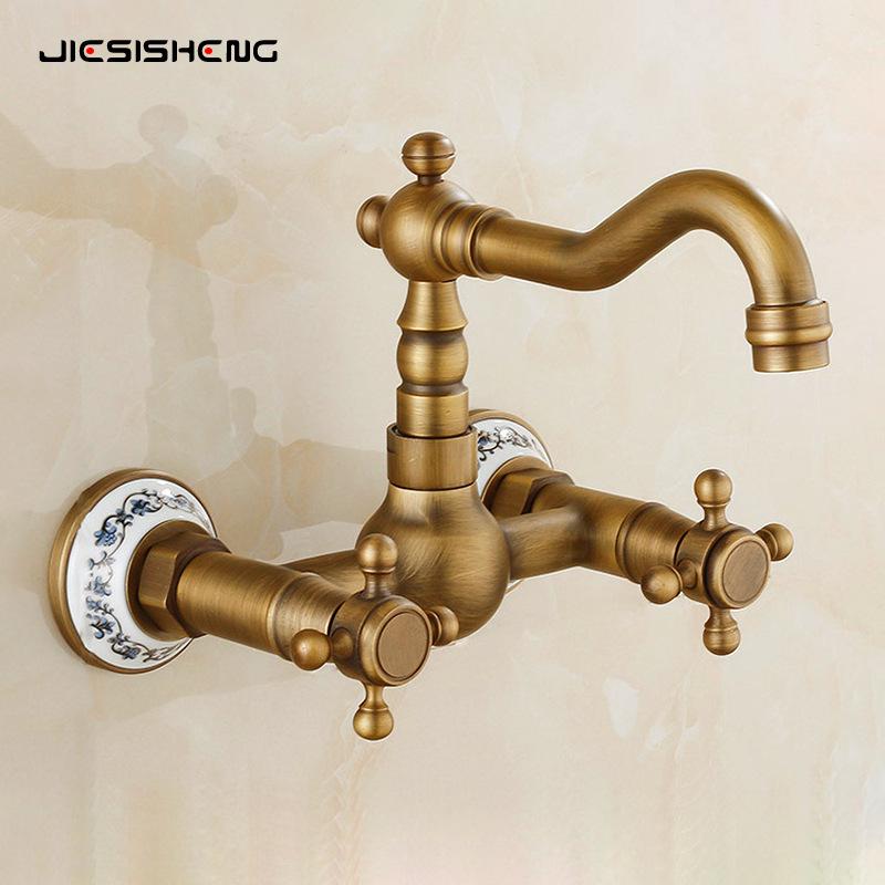 Retro French Copper Wall-Mounted Double Handle Faucet for Kitchen and Balcony.
