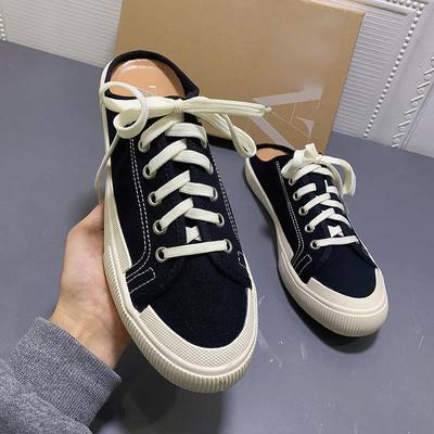 Spring Summer Black Lace -Up Slingback Sneakers Canvas Shoes One Pedal Casual Half Slippers Women 'S Shoes