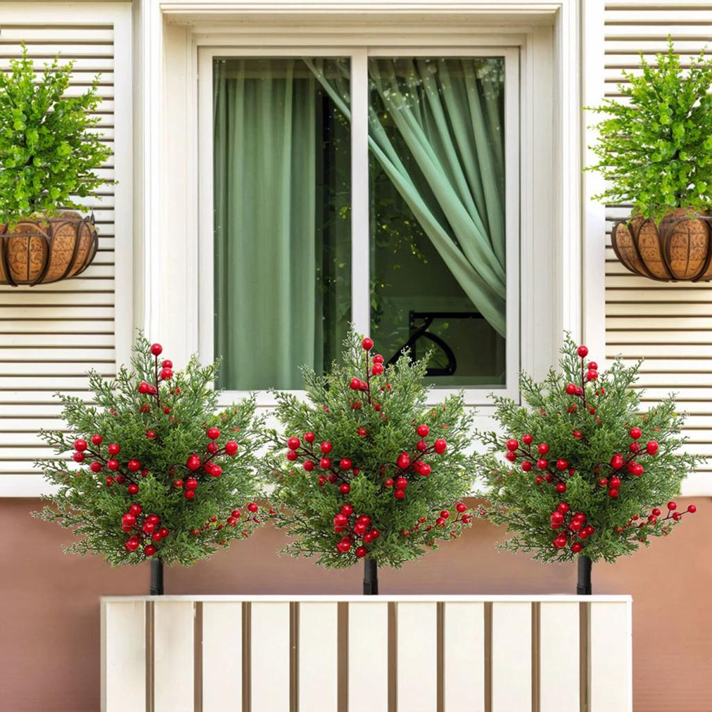 20in Artificial Christmas Topiary Ball Flowers For Outdoor Decoration  Christmas Artificial Branches With Red Berry Stems,Faux Norfolk Leaves Stems