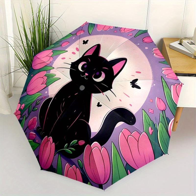 1pc Black Cat Automatic Open/close Folding Umbrella, Compact Portable Travel Umbrella, Perfect Birthday/Christmas, Cute Umbrella, Durable Co