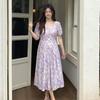 Large size women's clothing French square neck oil painting style floral dress waist thin medium and long skirt 262590